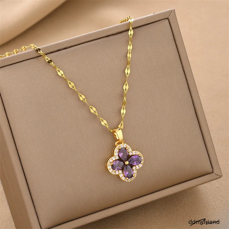 Micro Pave Zircon Violet Four-Leaf Clover Pendant Accessory Titanium Steel Necklace For Women Light Versatile Collarbone Chain ddmyfriend ddmyfriend