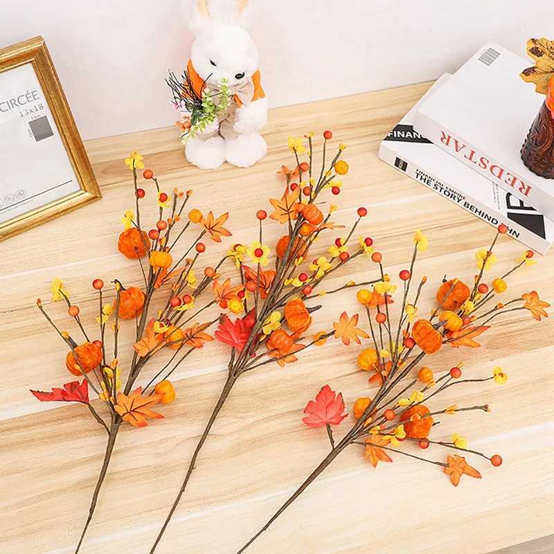 Thanksgiving Simulated Berry Pumpkin Branch Maple Leaves Picks Home Decor Faux Fall Autumn Leaf Adorn Paper Stem Home Decoration C250919