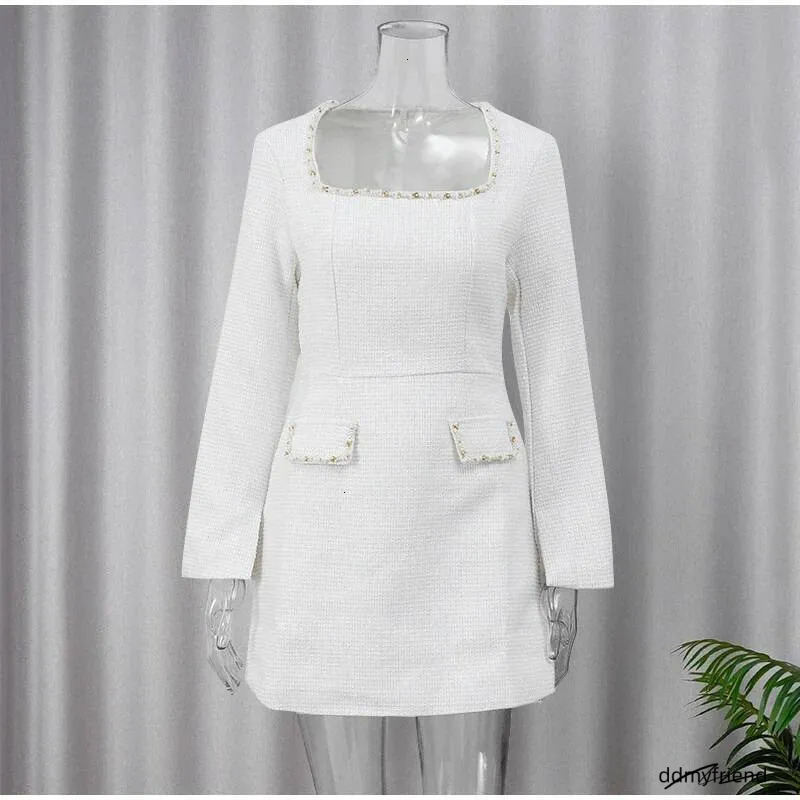 Women's Elegant Tweed A-Line Vestidos Solid Slim Fit Shoulder Pad Short Sleeve Party O-Neck Patchwork Evening Dress Ddmysept ddmyfriend