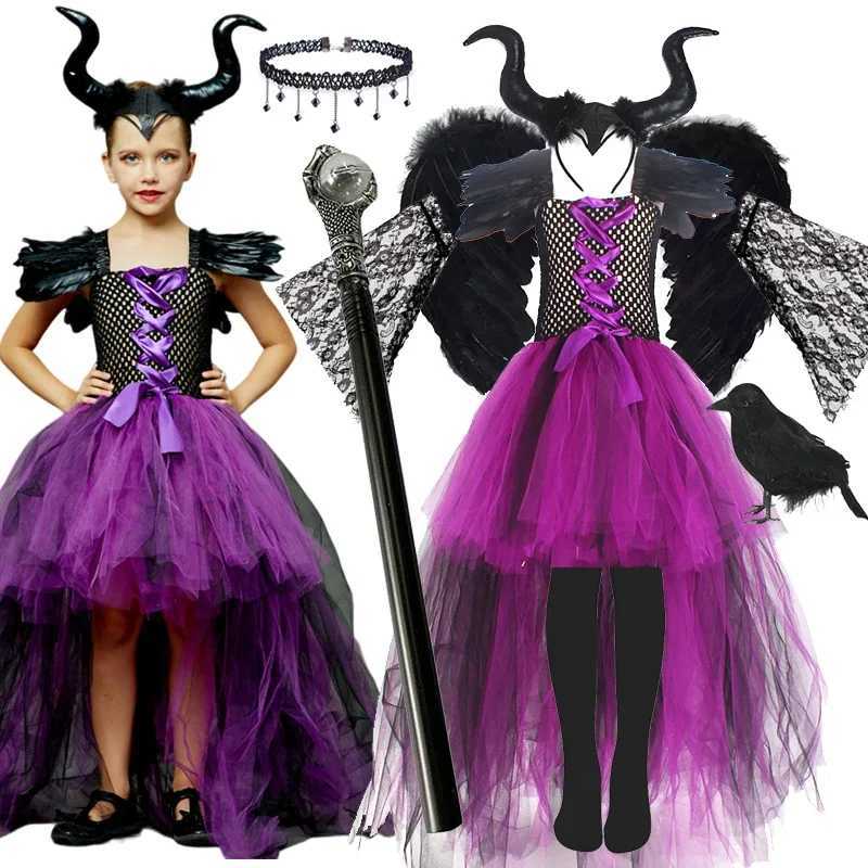 Purple Devil Queen Tutu Mesh Costume Halloween Girls Fancy Trailing Dress With Feather Shawl Royal Kids Ball Gown Robe Outfits L250918