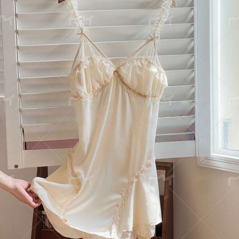 New Sweet Lazy Ice Silk Lingerie Passionate Hot with Chest Pads Sexy Nightdress Robe Homewear Set 496