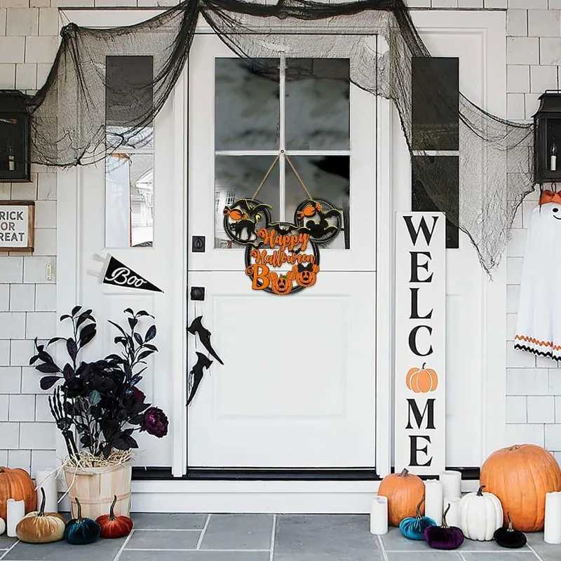 Happy Halloween Mouse Door Sign HollowOut Wooden Decor with Black Cat Mouse Bat Pumpkin BOO for Porch or Wall Hanging C250919
