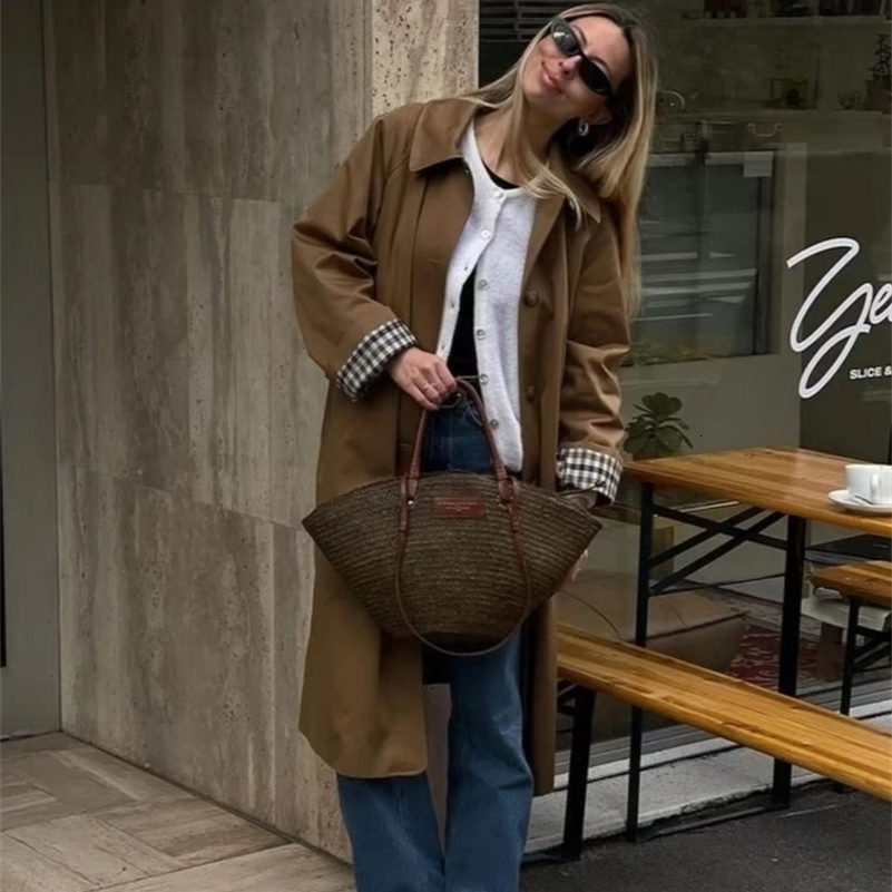 Women Casual Khaki Plaid Lined Lapel Trench Coats 2025 Autumn Single Breasted Loose Jacket Female Chic Overcoat Streetwear 250918