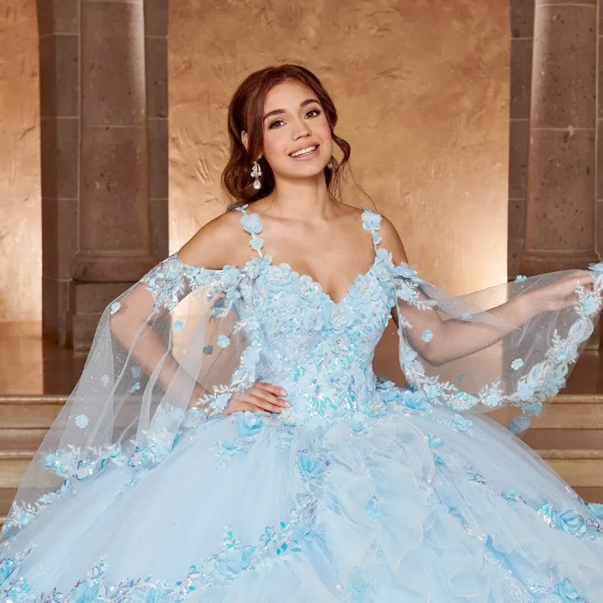Sky Blue Shiny Princess Quinceanera Dress Lace Applique Flower Beaded With Cape Mexico Sweet Vestidos De XV Anos