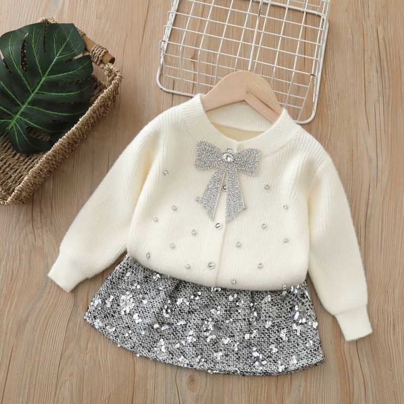 Childrens Sweater Twopiece Set for Girls Knitted Outfit with Skirt Sequin Bow Cardigan Long Sleeve H250919