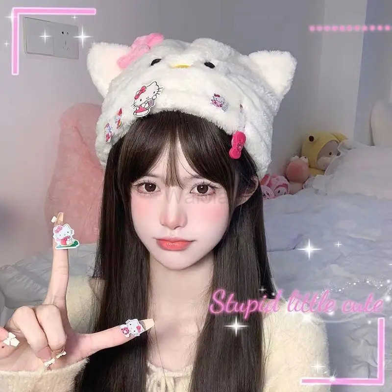Sanrio Hello Kitty Bucket Hat Winter Lady Plush Thickened Warm Fisherman Hat Cartoon Outdoor Windproof Ear Protection Panama Cap L250919