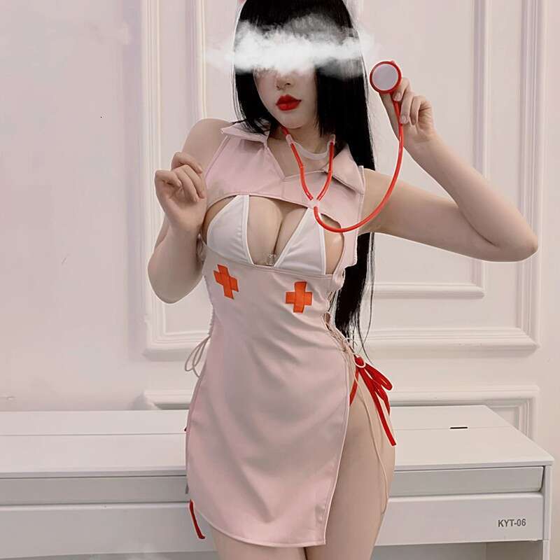 Lingerie Sexy Hollow Out Breast Exposing Temptation Nurse Outfit Side Tie Free Removal Uniform Flirty Set 334