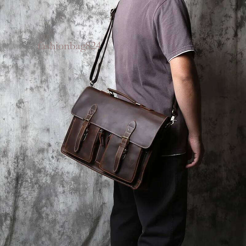NZPJ Retro Men's Handbag Crazy Horse Horizontal Computer Top Layer Leather Men Casual Shoulder Messenger Bag