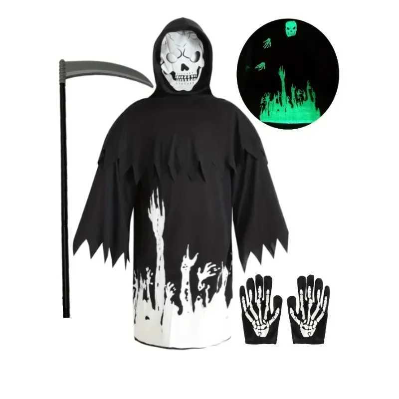 Boys in Dark Reaper Glow Robe Spooky Costume with Skull Mask Scythe Props and Gloves Eerie Spooky Costume for Halloween L250918