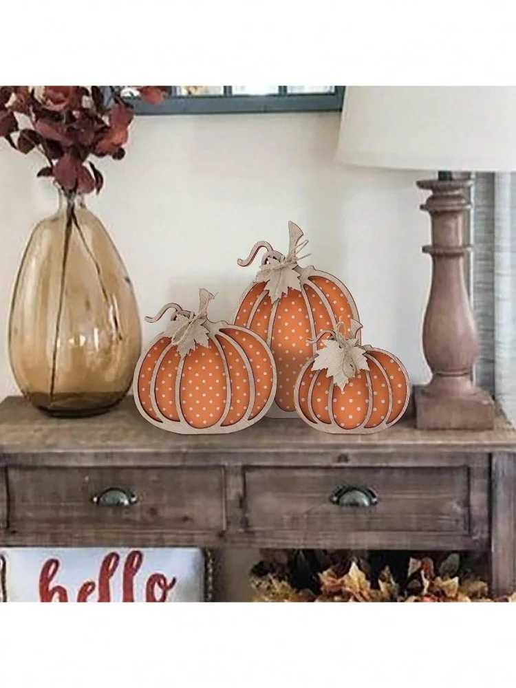 3pcs Fall Decor Wooden Autumn Pumpkin Fall Decorations For Home Shelf Mantel Table Decor Pumpkins Of Three Sizes Fall Season C250919