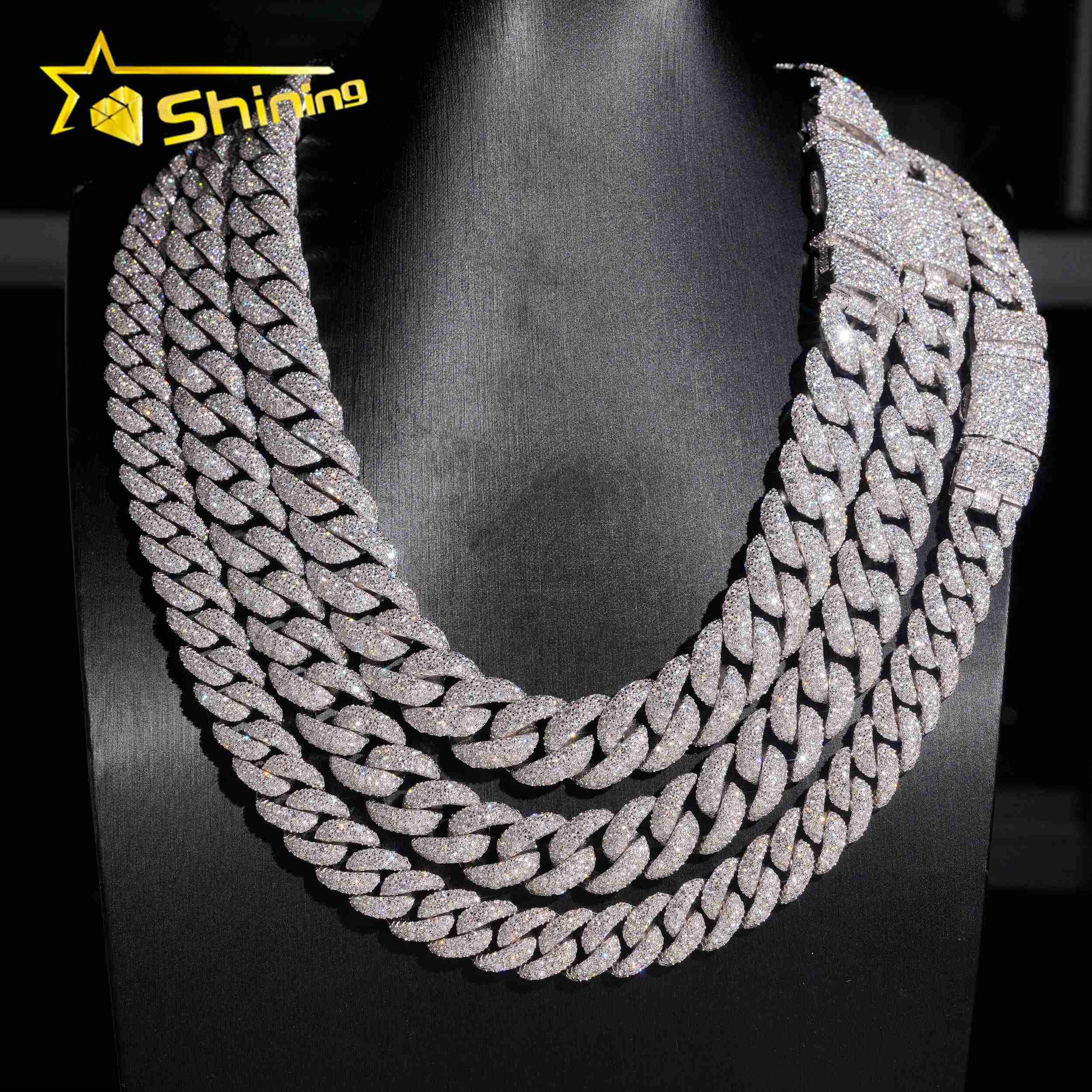 Hip Hop Jewelry 12mm 14mm 15mm Mosaic Setting Moissanite Diamond 925 Silver Cuban Link Chain