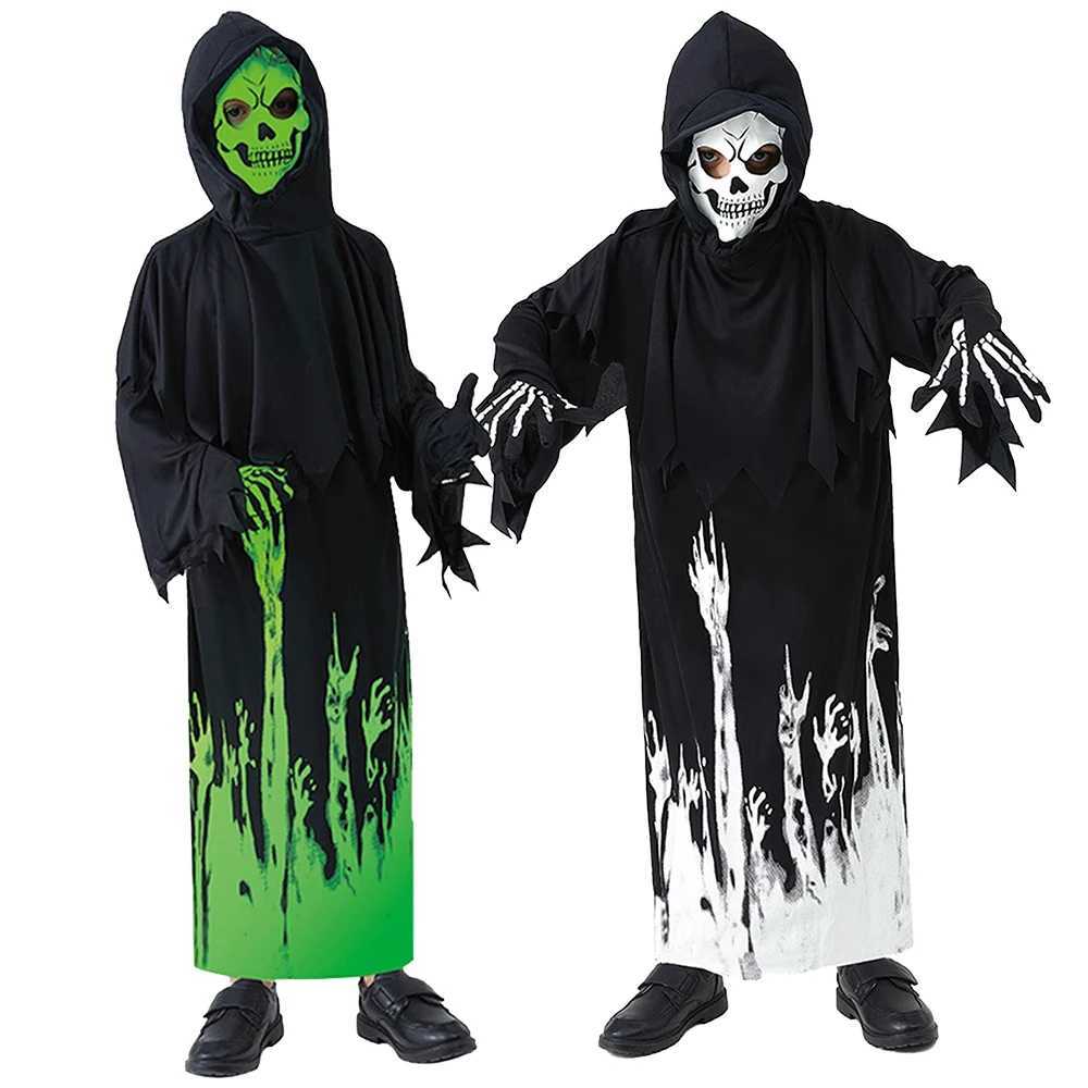 Halloween Grim Reaper Cosplay Costume Bodysuit Kids Ghost Demon Skeleton Spooky GlowInTheDark Hooded Jumpsuit Mask Gloves Set L250918