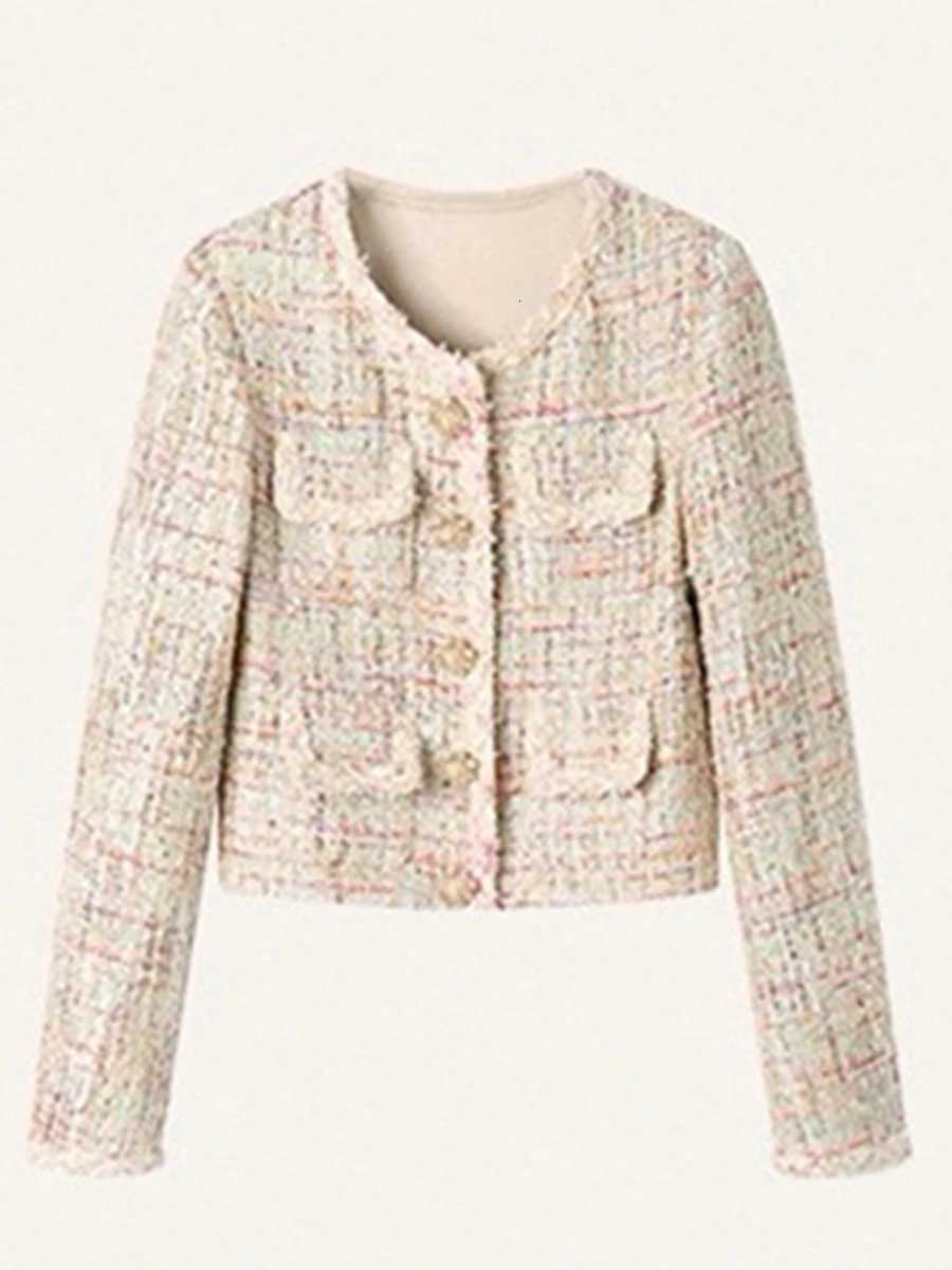 VGH Slimming Elegant Short Jackets For Women Round Neck Long Sleeve Spliced Button Autumn Temperament Jacket Female Fashion New Z250918