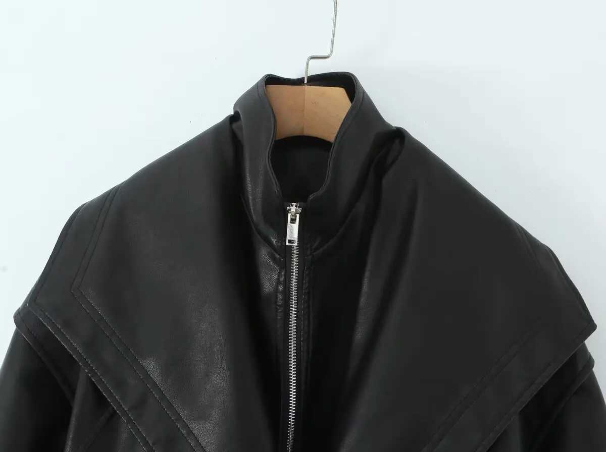 Lady New Autumn High Street Jacket Outwear Brown Zipper Pu Leather Jacket Women Casual Lapel Vneck Elastic Waist Cinching Coat Z250918