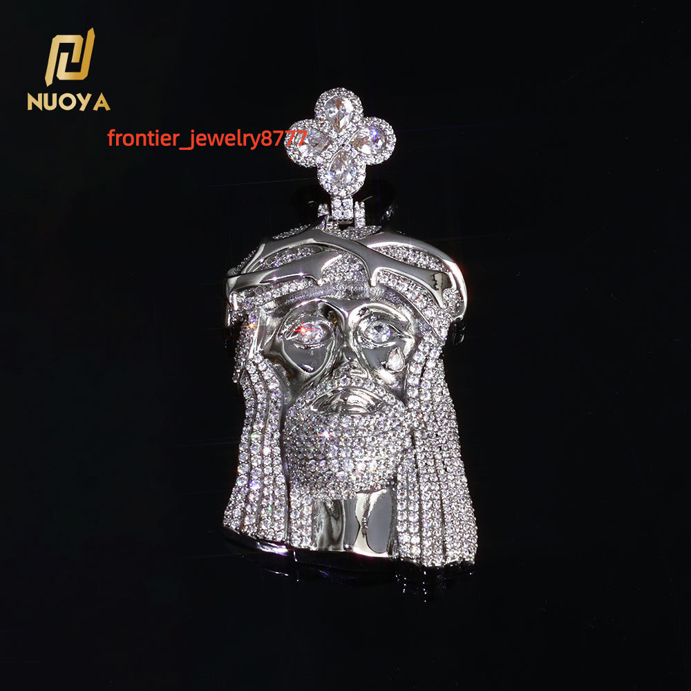 NUOYA Mens Diamond Jesus Head Pendant Necklace Inlaid Silver Gold Plated Christ Face Clover Hook Religious Jewelry