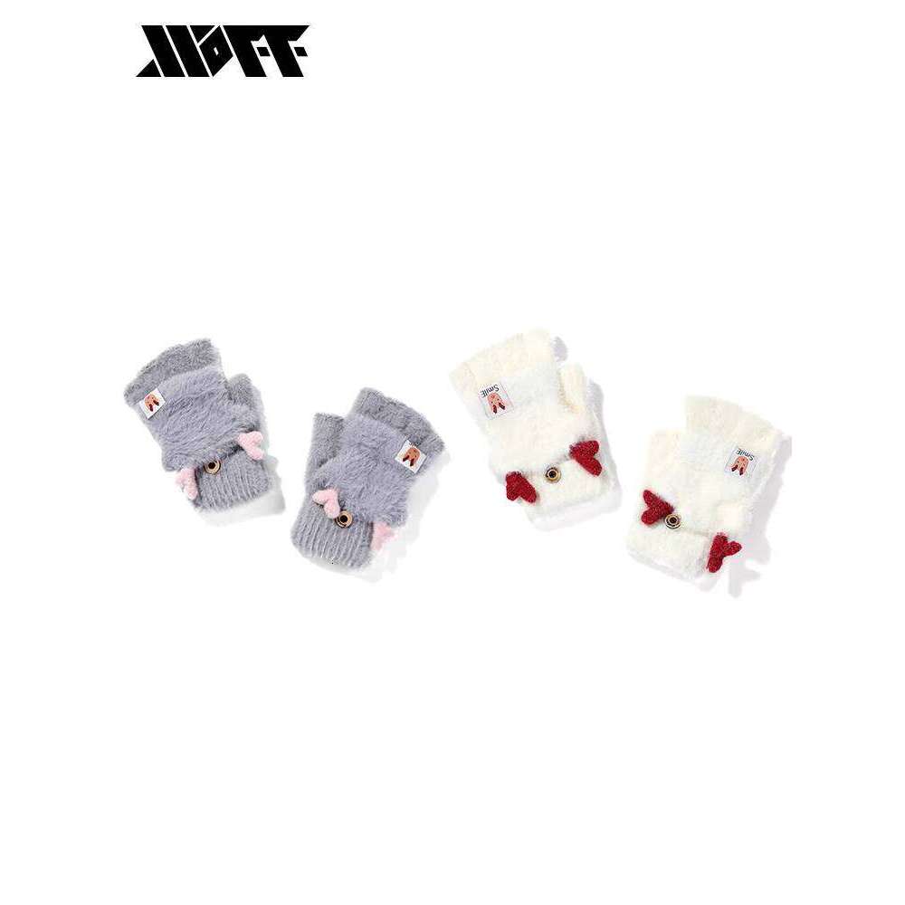 XXOFF Deer Ear Embroidered Label Button Half-Finger Flip Dual-Use Plush Women's Gloves Female Style