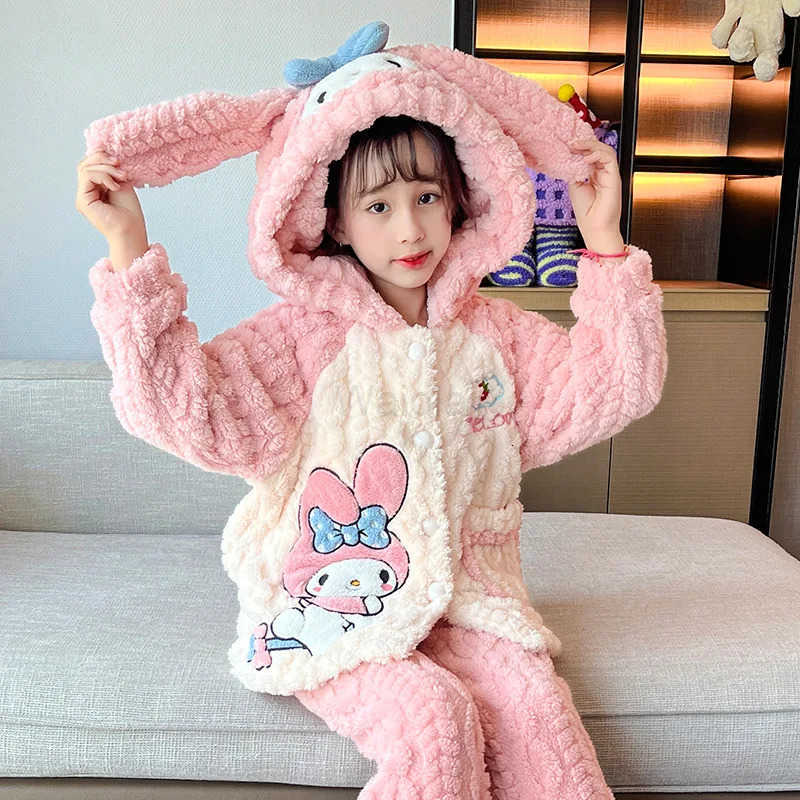 Sanrio Pochacco Kuromi Children Flannel Pajama Kawaii Anime Autumn Winter Girls Warm Thicken Loungewear Homewear Set Gift L250919