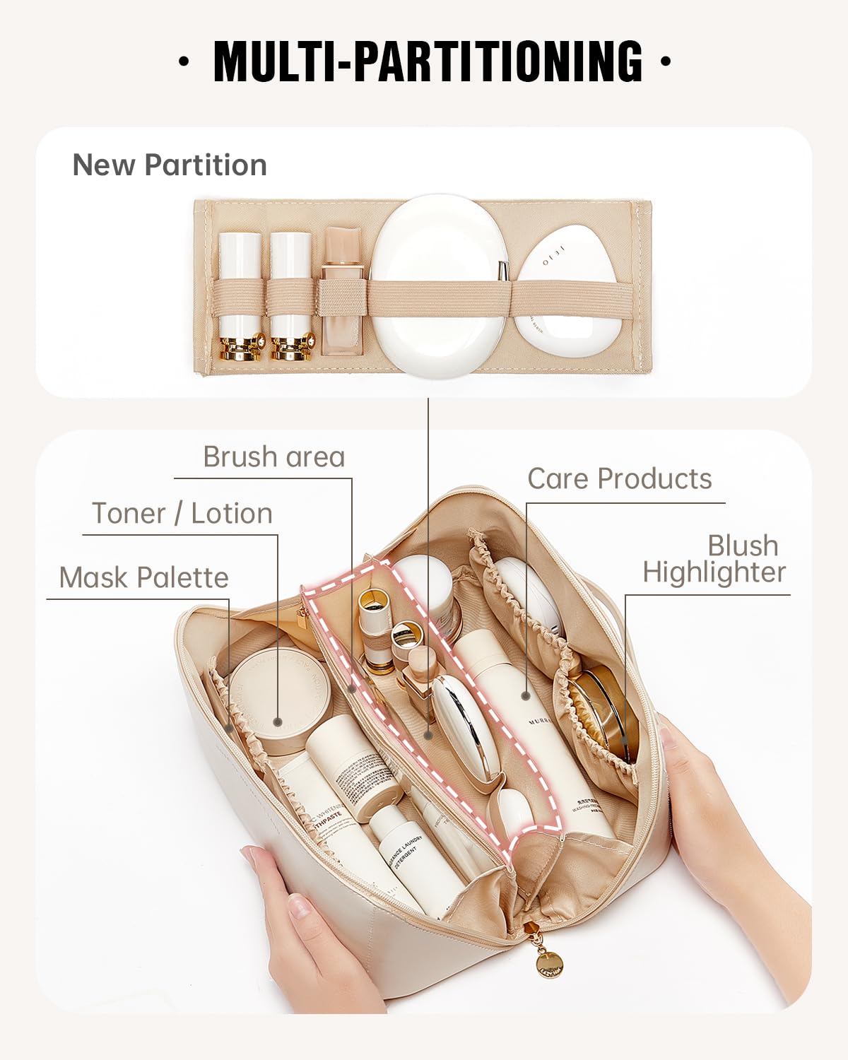 Spacious Waterproof Cosmetic Bag Flat Lay Design Cute Printed Women Travel Makeup Toiletry Bag