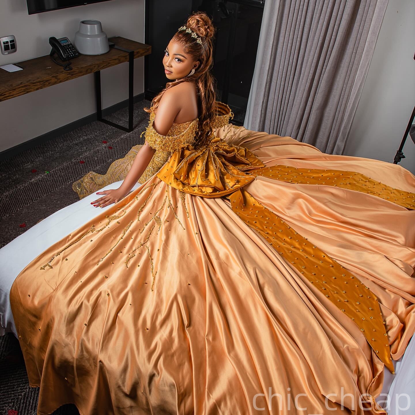 Mermaid Gold Prom Dresses 2025 Beaded Pearls Detachable Train Evening Formal Party Second Birthday Engagement Gowns Plus Size Dress For Special Occasi