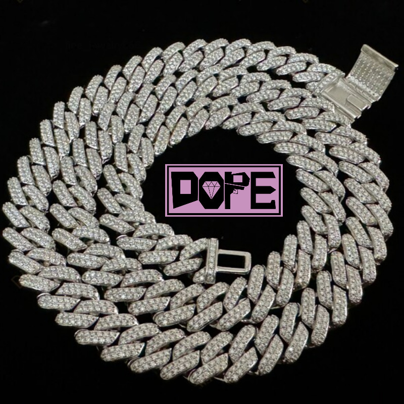 14mm Moissanite Chain Iced Out 2 Row VVS Hiphop Miami Cuban Necklace 925 Silver Sparkling Cuban Link Chain