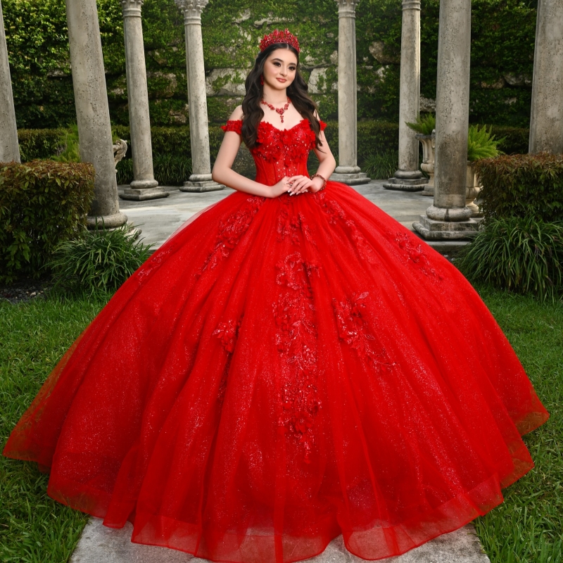 Red Shiny Quinceanera Dresses Off The Shoulder Applique Flower Beads Tull Party Birthday Sweet 16 Dress Vestidos De 15 Anos