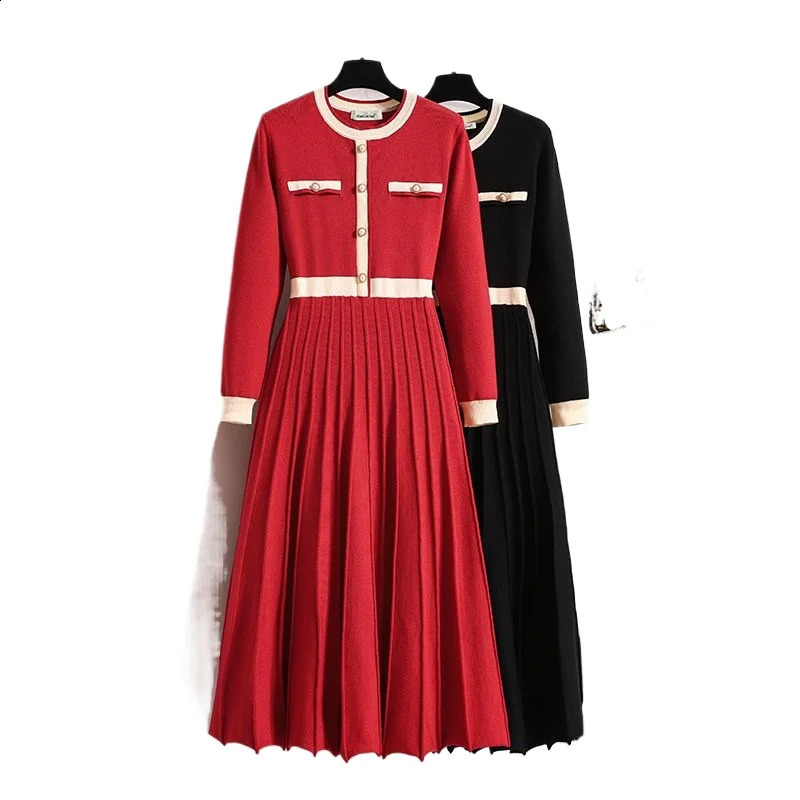 2026 Autumn Winter Women Oneck Long Sleeve Knitted Pleated Aline Dress Christmas Party Red Sweater Long Dresses 250919