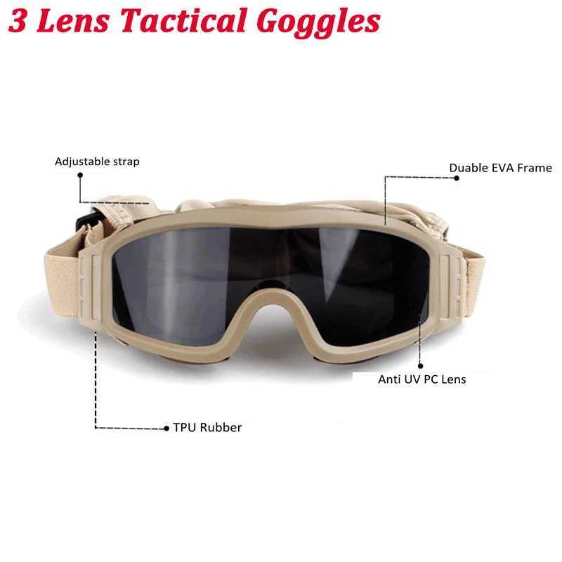 Tactical Goggles Mountaineering Shooting Sunglasses Windproof Sand Control Motocross CS Glasses 3 Lenses Replaceable Motorcycle J2509191