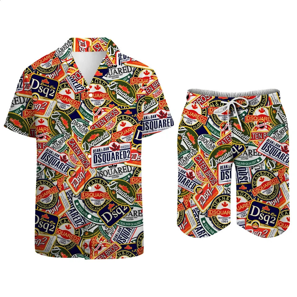 Hawaiian Shirt Set Mens 3D Printed Colorful Vintage Pattern Summer Fashion Casual Oversized Button Up ShirtShorts 2 Piece Set 250916