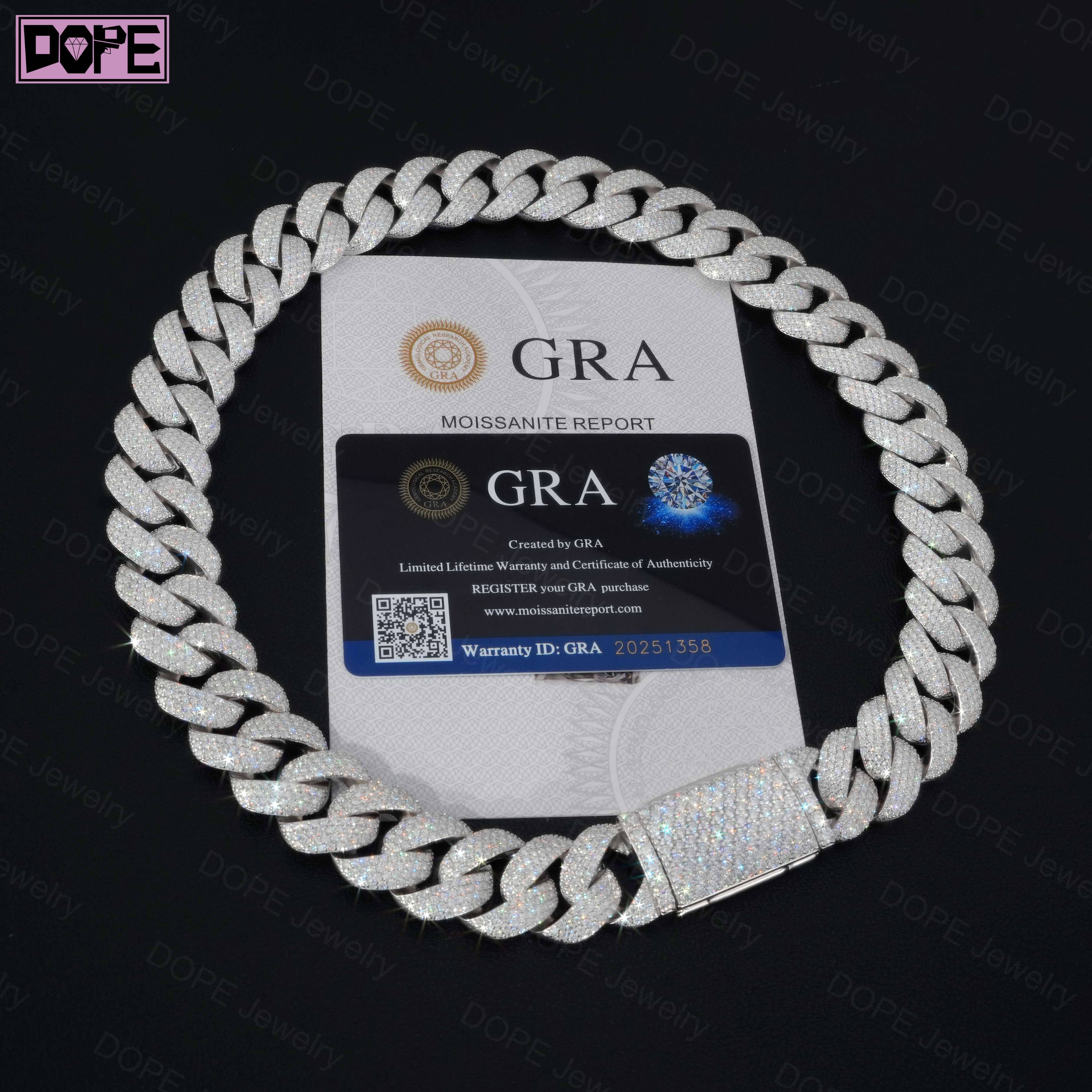 Free Shipping 20mm Moissanite Jewelry Cuban Necklace 925 Silver Hip Hop Iced Out VVS Moissanite Cuban Chain