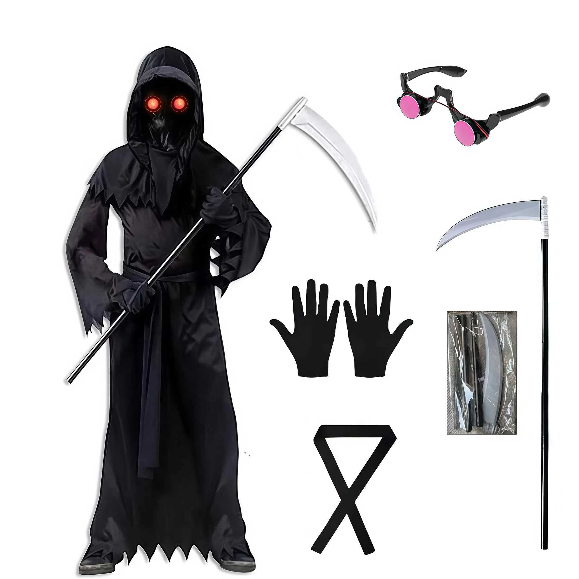 Childrens Halloween Cosplay Scythe Monster Grim Reaper Luminous Darkbringer Ghost Costume Disguised Child Devil Clothing Set L250918