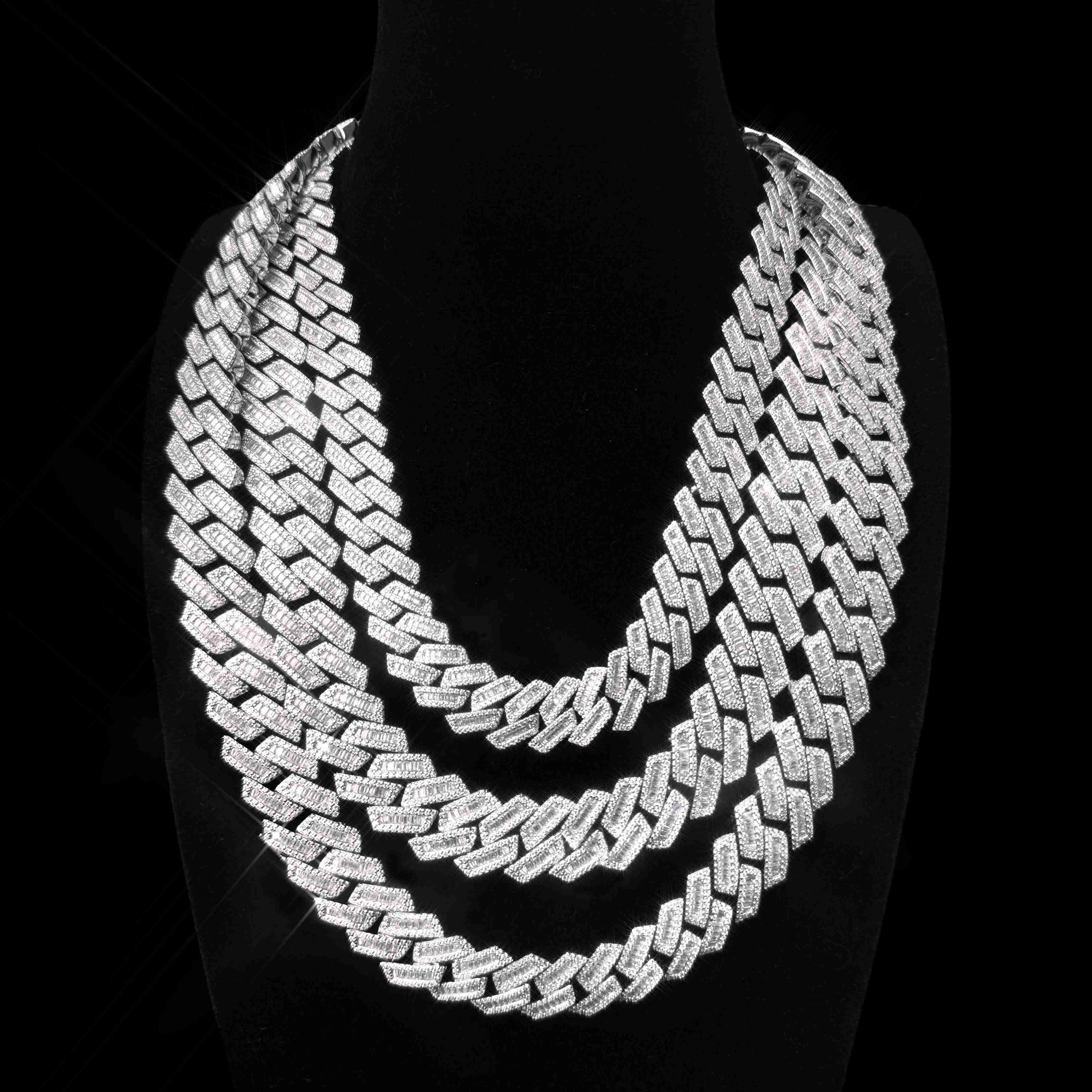 Hiphop Cuban Chain 18mm Baguette VVS Iced Out Moissanite 925 Silver Moissanite Cuban Link Chain