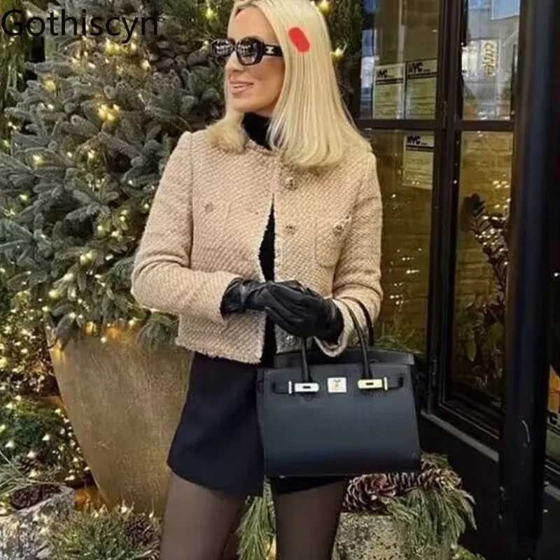 Gothiscyn Tweed Loose Longsleeved Jacket for Womens SpringAutumn Oneck Metal Button Fringed Jacket Fashion Female Clothes Z250918