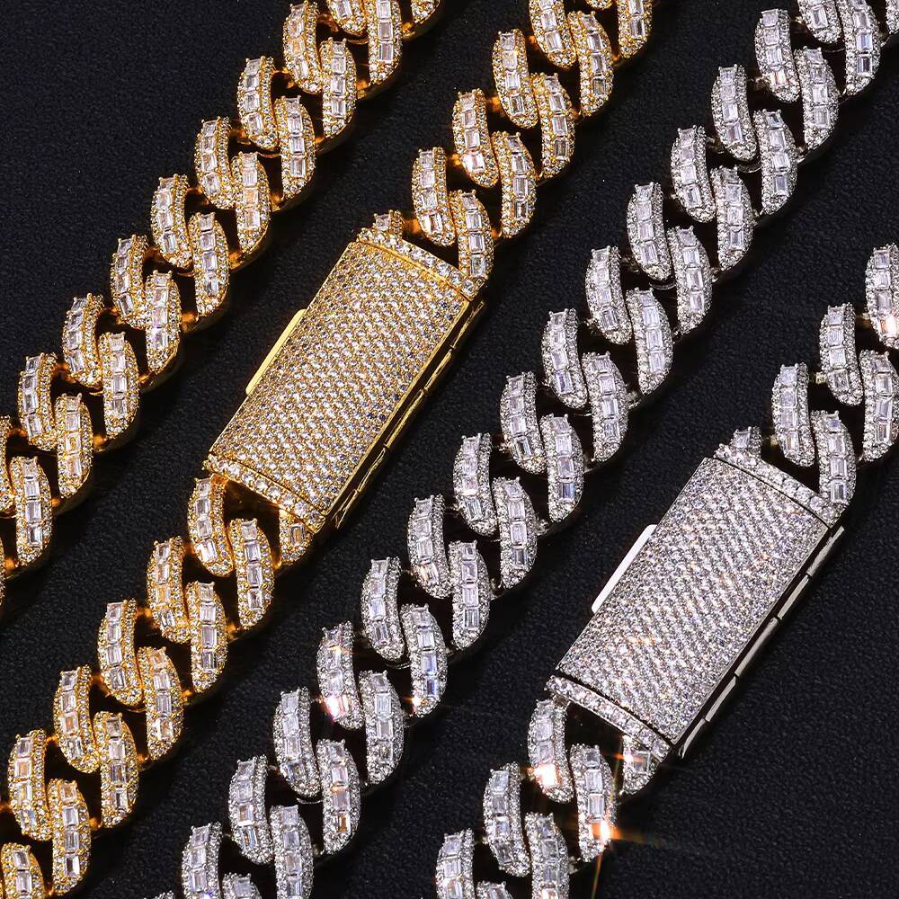 NUOYA 18mm 925 Silver Cuban Chain Iced Out Flip Buckle VVS Moissanite Baguette Mixed Inlay Cuban Necklace Hip Hop Jewelry