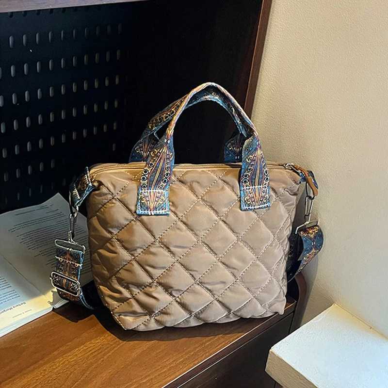 Trendy Womens Quilted Puffer Tote Crossbody Handbag with Wide Shoulder Belt Cotton Padded down Bag Z250915