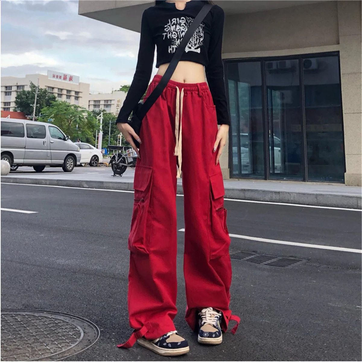 Red Cargo Pant Gothic Joggers High Waist Loose Female Hip Hop Trousers Korean Punk Funny Femme Sweatpants 250917
