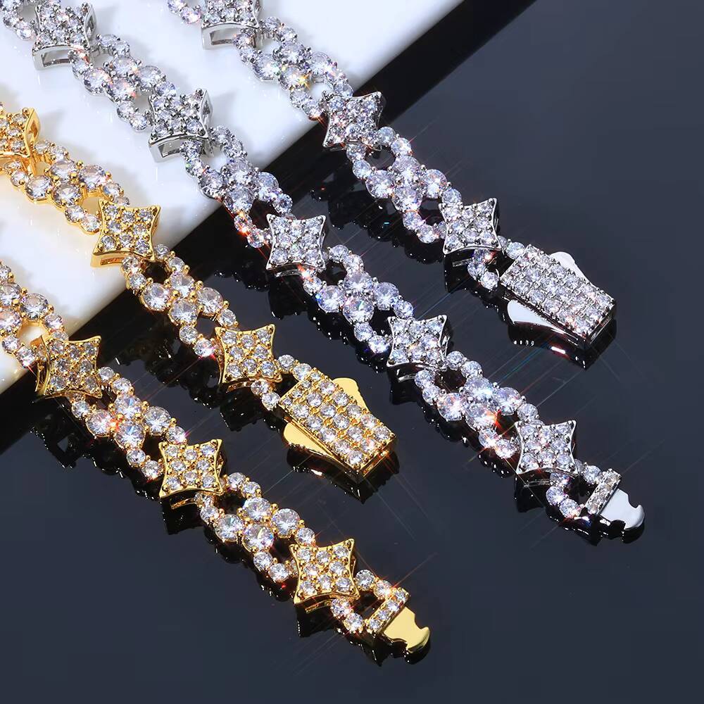 NUOYA 925 Silver Bracelet Spring Lock Clasp Iced Out VVS Moissanite Four Pointed Star Infinite Design Hip Hop Fine Jewelry