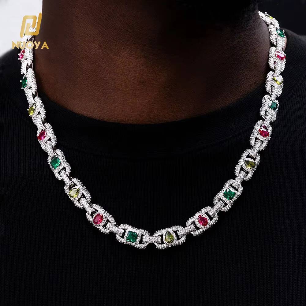 NUOYA Luxury Colorful Moissanite Cuban Chain Necklace Silver Plated Mixed Inlaid Iced Out Diamond Hip Hop Fine Jewelry