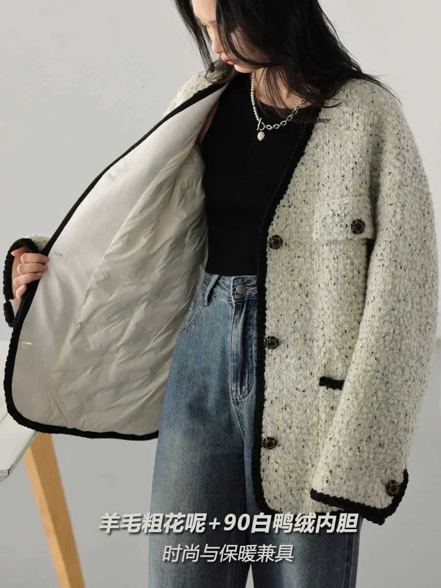 CHIC VEN Womens Woolen Coat Heavy Industry Down Jacket Vintage VNeck Woman Down Coat Female Tops Autumn Winter 2024 Z250918