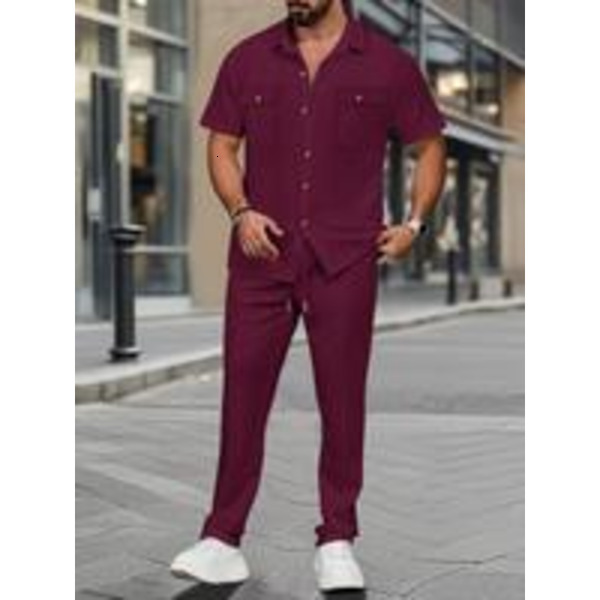 Men's New Solid Color Button Pocket Shirt Long Pants Set, Casual Knit Two-Piece for European and American Style