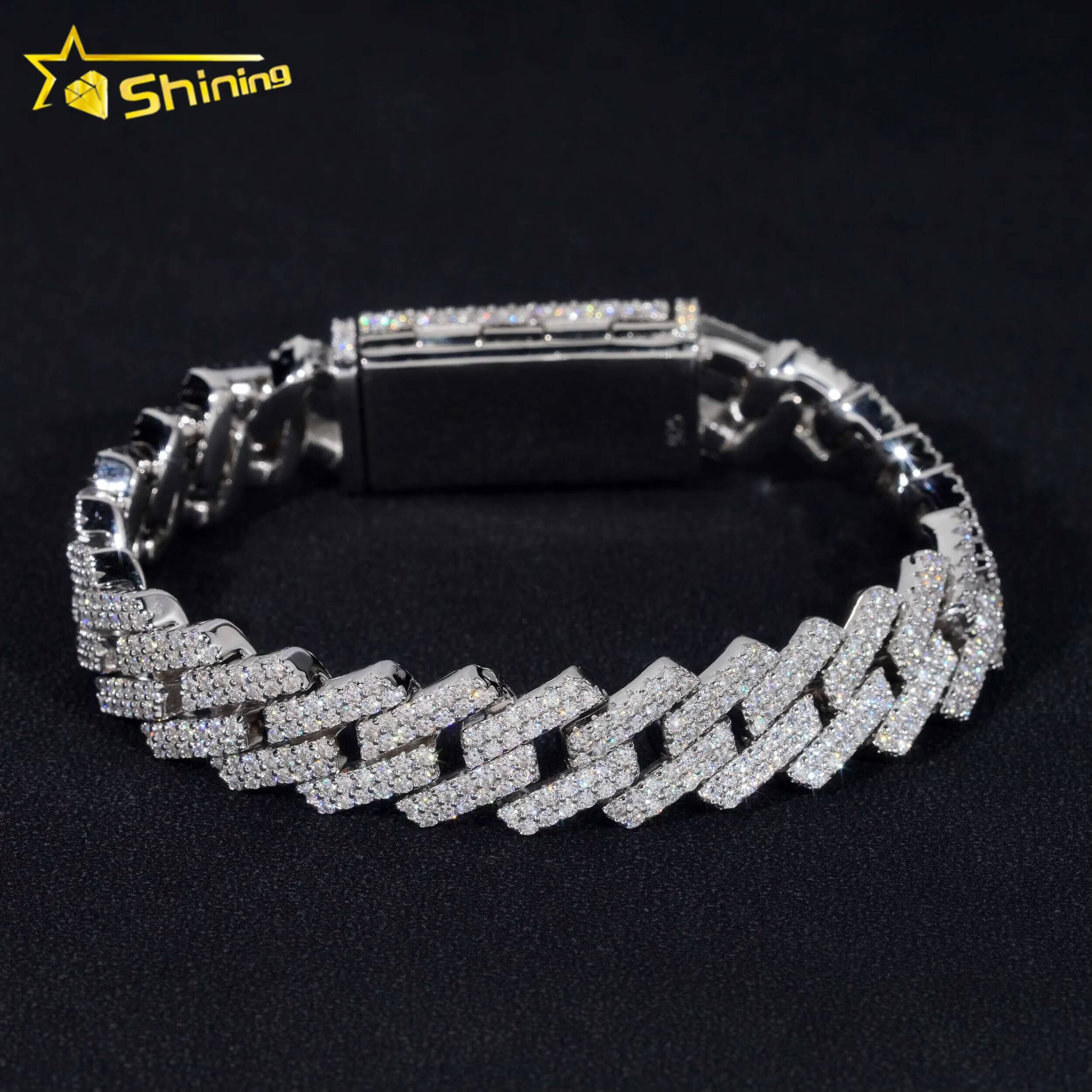 Trendy Two Rows 14mm Moissanite Bracelet 925 Sterling Silver Hip Hop Fine Jewelry Vvs Moissanite Diamond Cuban Link Bracelet Men