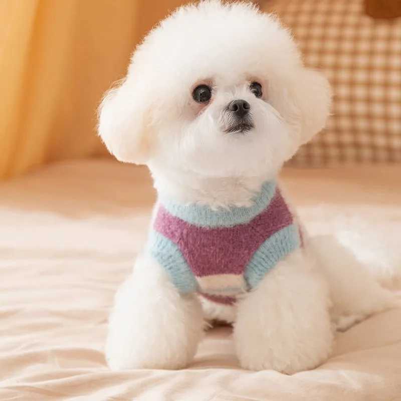 Pet Sweet Sweater Winter Dog Clothes Fresh Floral Stripes Maltese Knit Shirt Teddy Warm Sleeveless Clothes Dog Products S25911