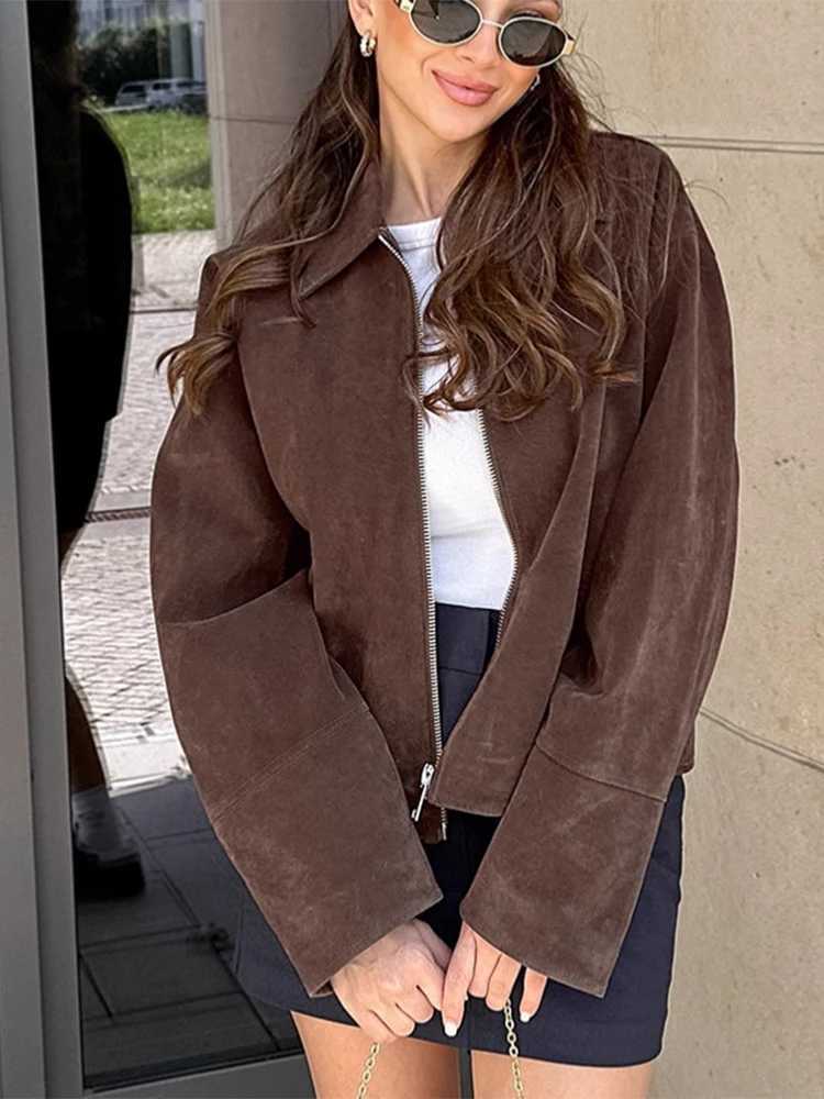 Women Dark Brown Suede Coats Standup Collar Short Loose Zipper Single Breasted Long Sleeves Jacket 2025 Autumn Fashion New Coat Z250918