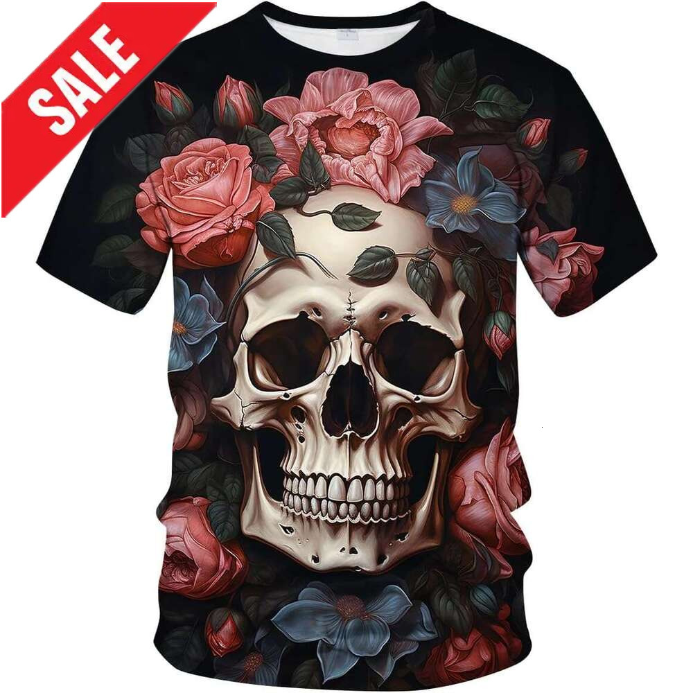 Halloween Mens T shirt Psychedelic Rose Skull Print Shirt T-Shirts Gothic Skeleton Graphic Short Sleeved tshirt graphic tee Casual tops summer clothes