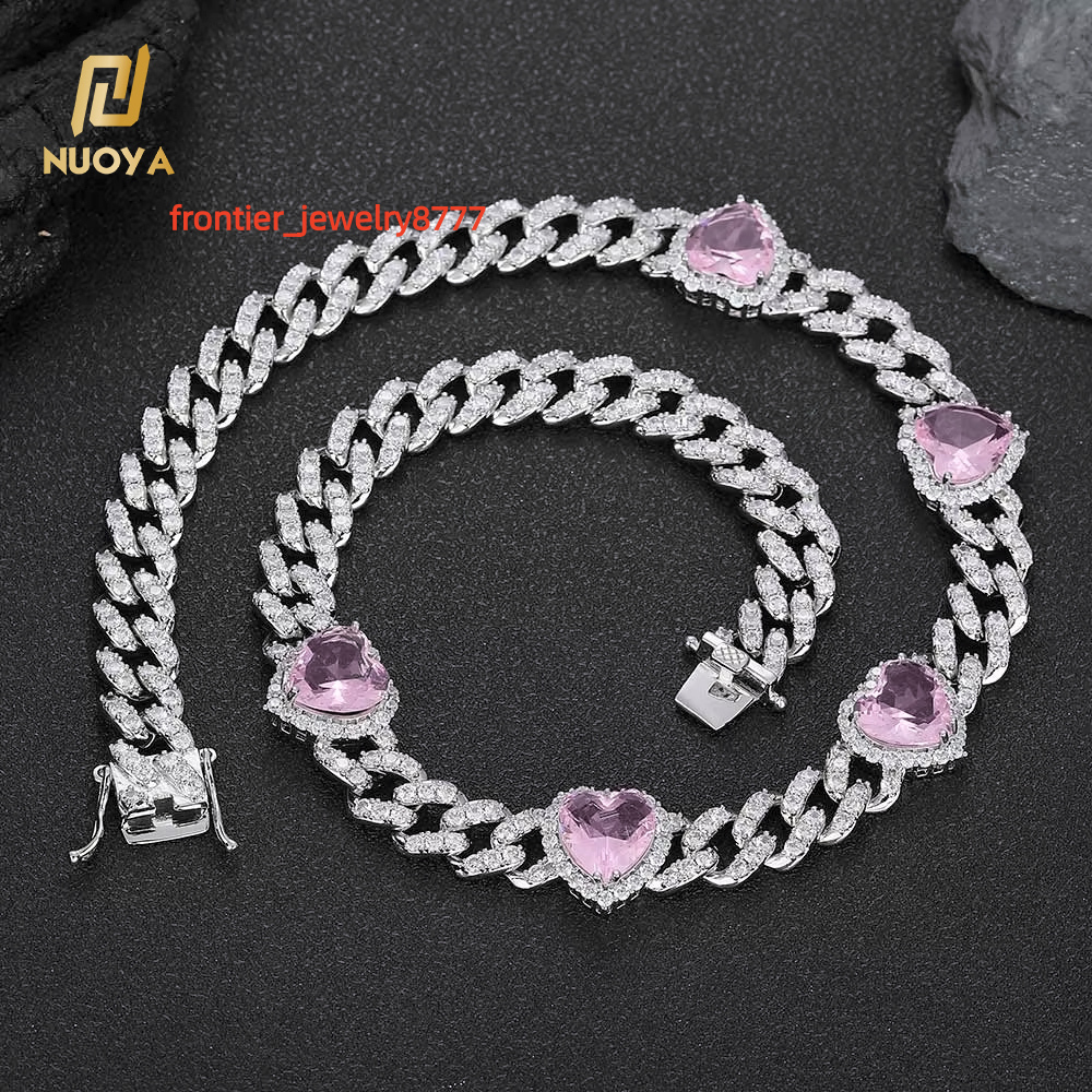 NUOYA 10mm Custom Iced Out Choker Necklace Pink Heart Moissanite Design Silver Cuban Chain Hip Hop Prong Cuban Chain for Women Gift
