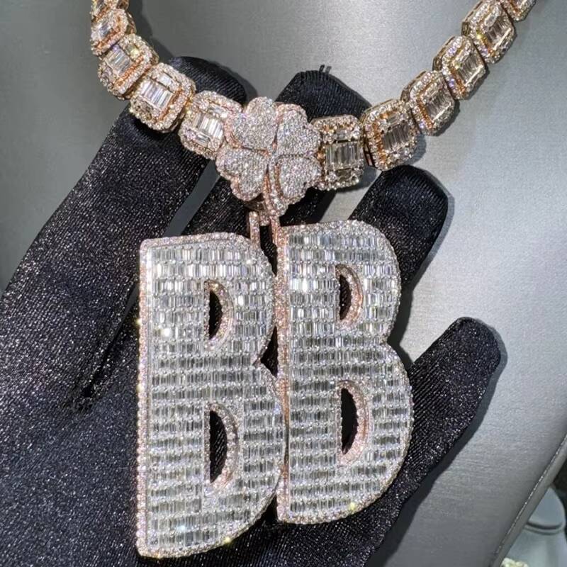 Fashion Hip Hop Jewelry Mens Miami Cuban Chain Custom Letter Clasp 925 Sterling Silver VVS Baguette Moissanite Diamond Pendant