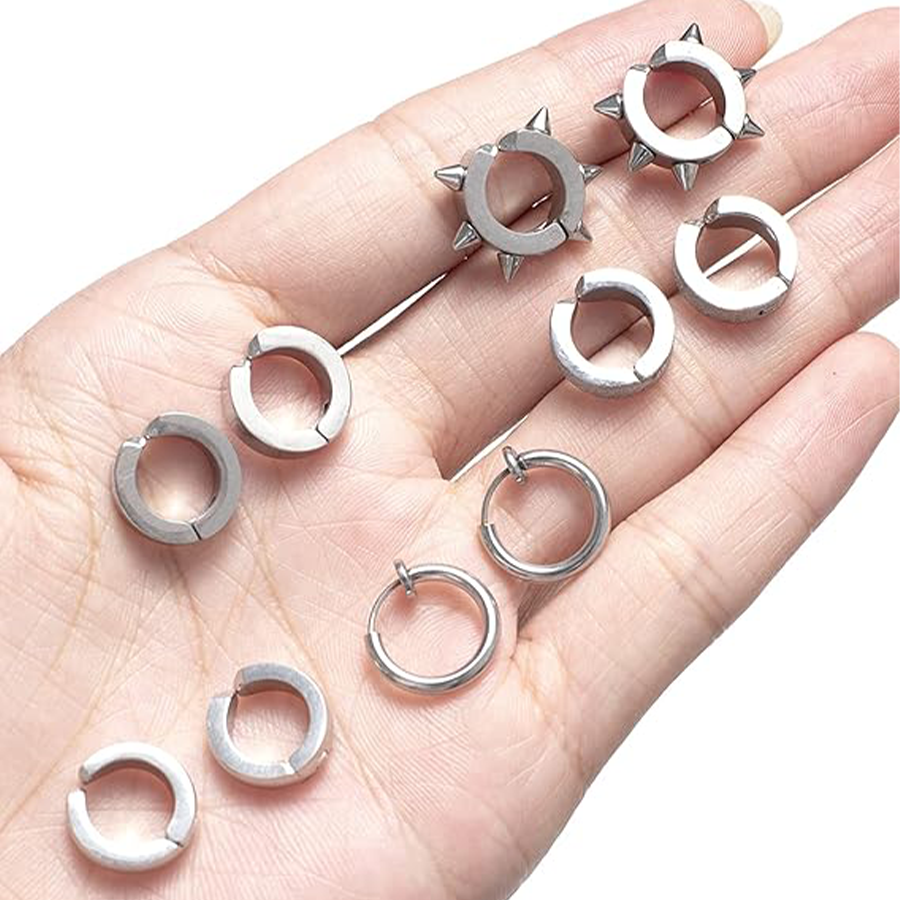 12 Pairs Magnetic Stud Earrings Stainless Steel CZ Hoop Punk Feather Dangle Hinged Non-Piercing Earrings Clip on Magnet Earring Set for Women Men Silv