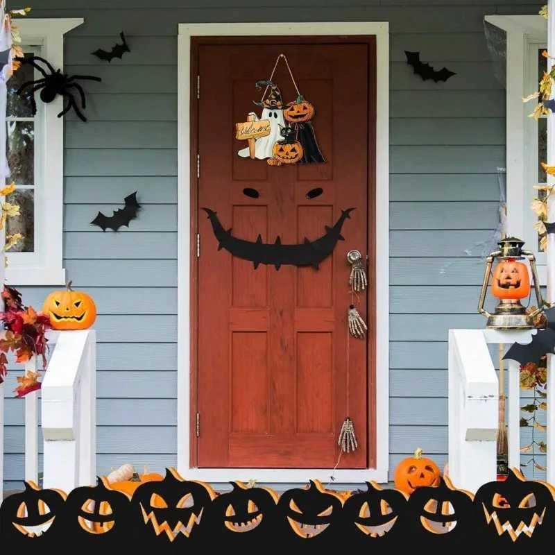 1pcs New Front Door Halloween Welcome Sign Pumpkin Skeleton Wreath Wooden Halloween Party Decoration C250919