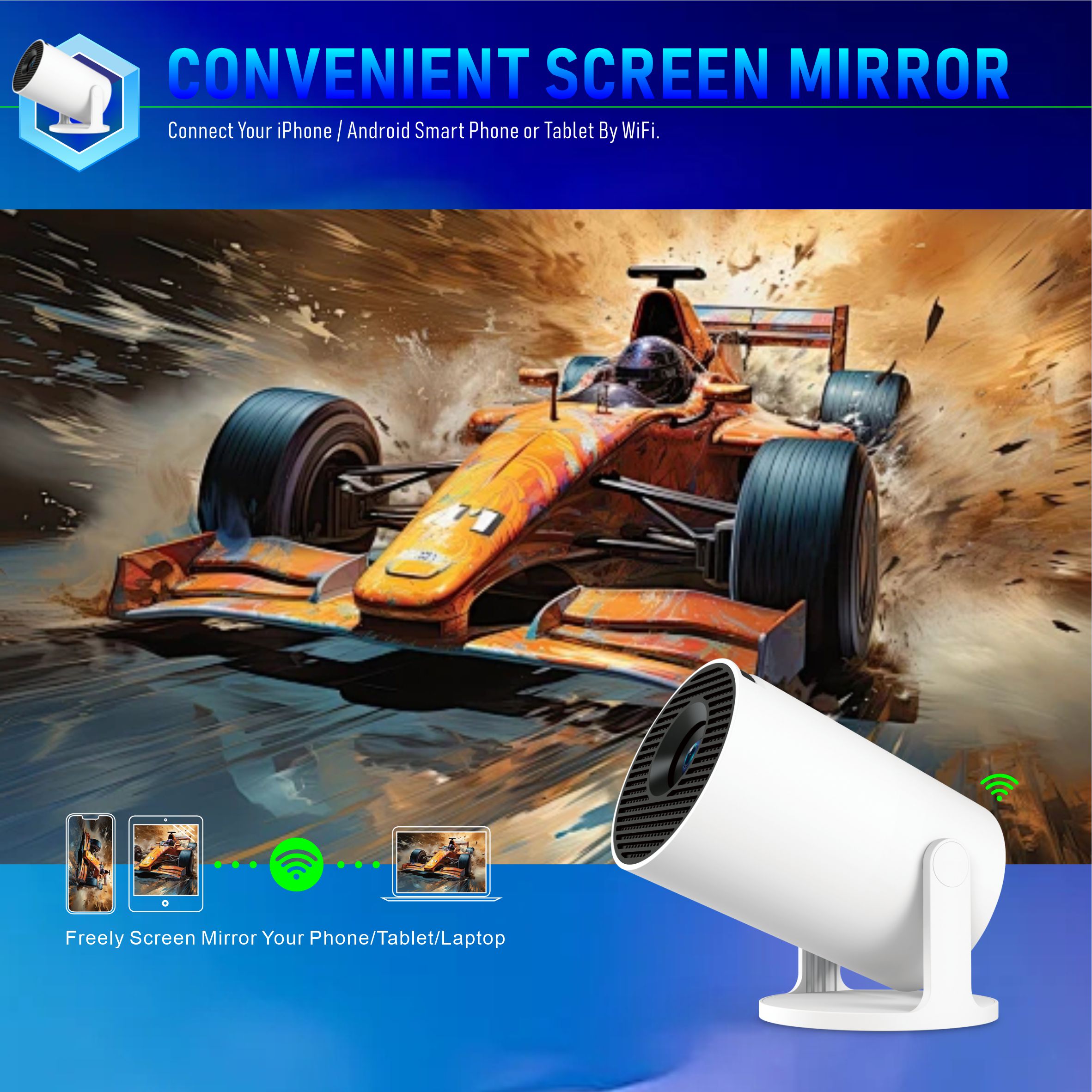 2025 Portable Projector BT 5.0 Android 11.0 With 2.4/5G 200 ANSI WiFi6 1280*720P 8GB Round Design Movie Projector 40"- 130" Screen, 180° Fli