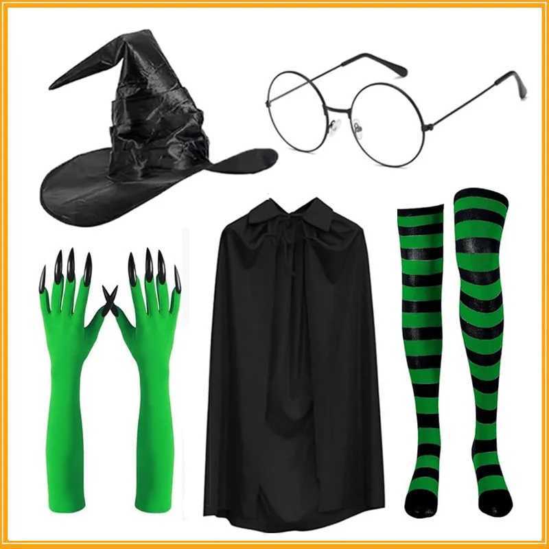 5pcsset Halloween Green Ghost Claw Gloves Set Pleated Wizard Hat Cape Round Glasses Socks Cosplay Character Set cloth L250918