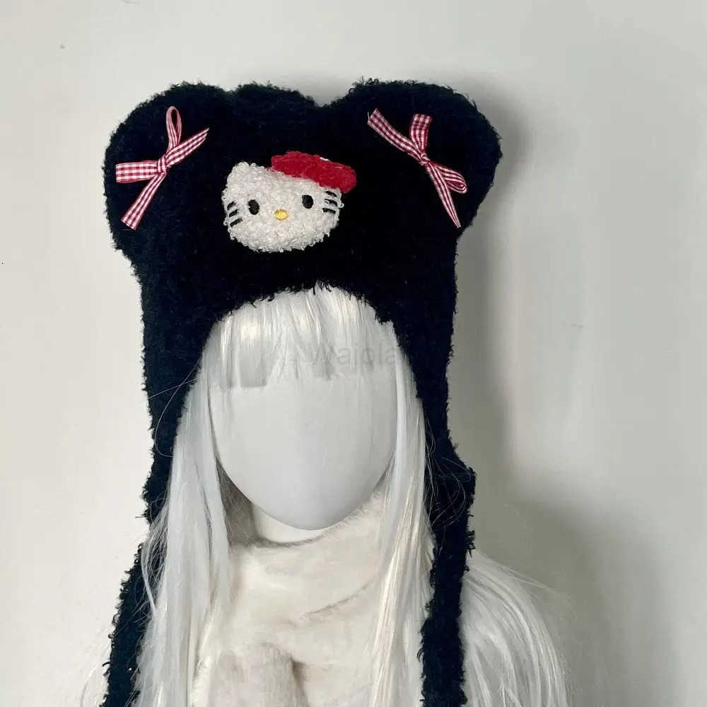 Sanrio New Cinnamoroll My Melody Hat Kawaii Kuromi Cute Bow Bear Ear Needle Knitted Hat Cartoon Plush Solid Color Ear Protection Hat L250919